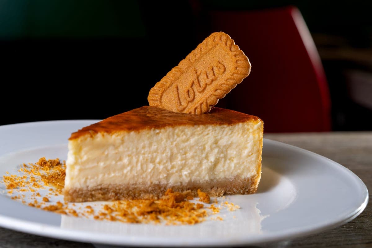 A slice of creamy baked Biscoff cheesecake topped with a whole Lotus Biscoff cookie and cookie crumbs on a white plate