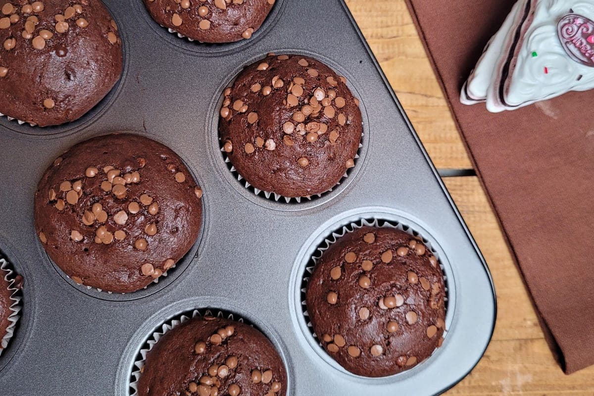 Domed double chocolate muffins topped with chocolate chips, cooling in a dark muffin tin