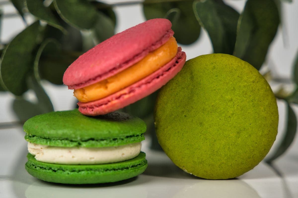 Colorful French macarons, a pink shell with orange filling stacked on a green macaron with cream filling, in front of green leaves