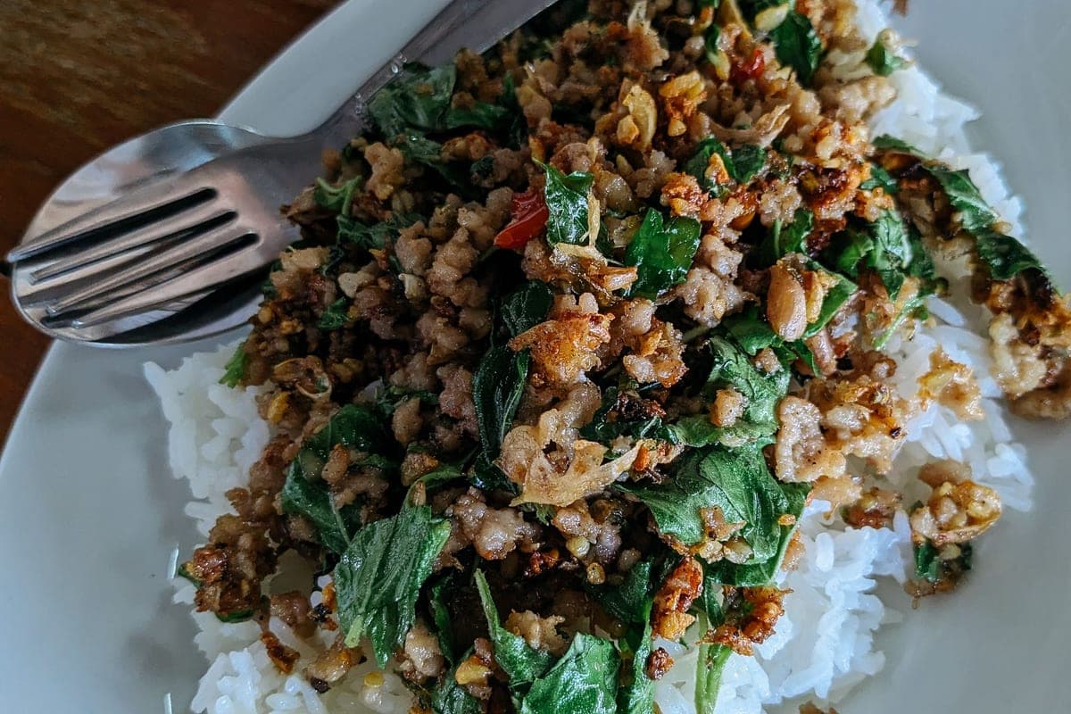 Savory stir-fried ground pork with wilted basil and chilies piled over a plate of white jasmine rice