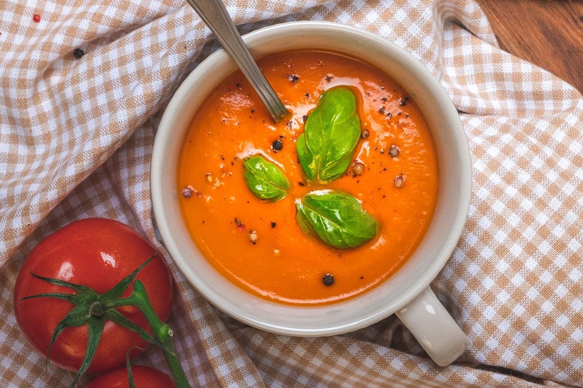 A white mug of creamy orange tomato soup topped with basil leaves on a checked cloth beside fresh tomatoes